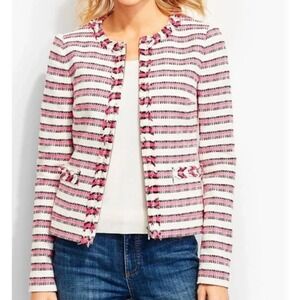 Talbots Woman Striped Tweed Jacket Size 12W‎ Red White Black Fringe Trim